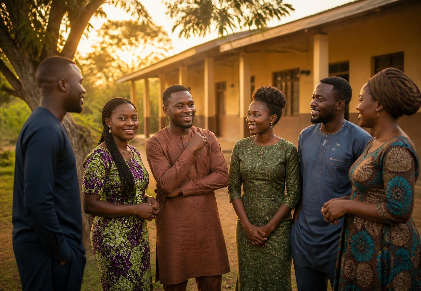 Old students of Ebenezer Nursery and Primary School standing together outside their school in Ilorin at sunset